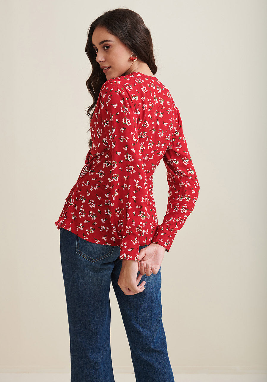 Red Floral Wrap Pleated Top