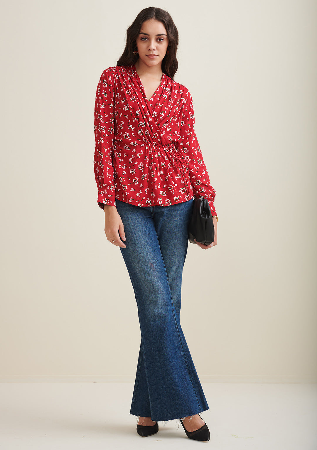 Red Floral Wrap Pleated Top