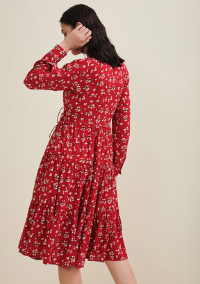 Red Floral Midi Wrap Dress