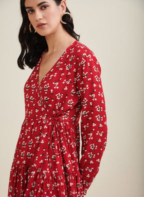 Red Floral Midi Wrap Dress