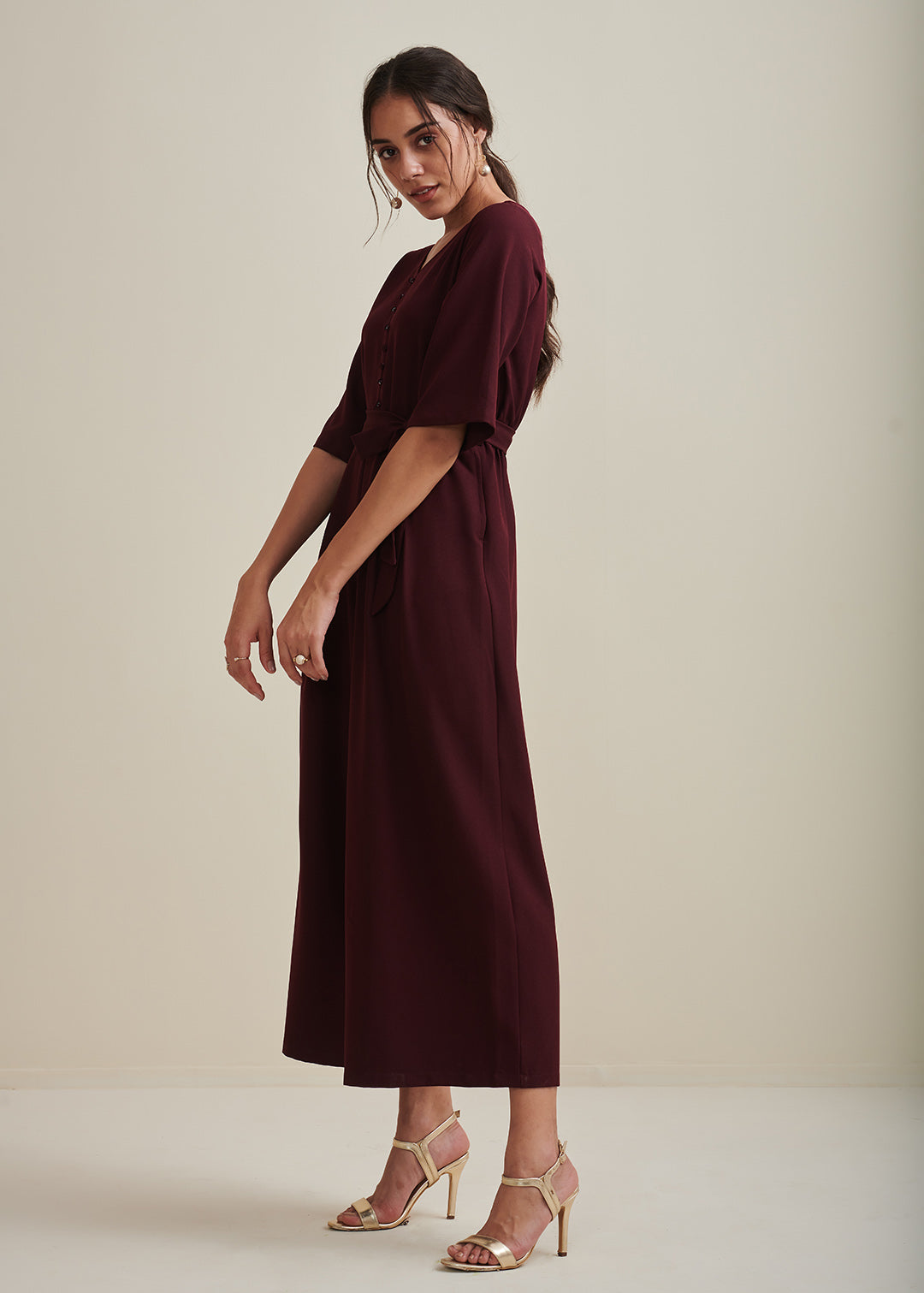 Wine Button Down Flared Jumpsuit