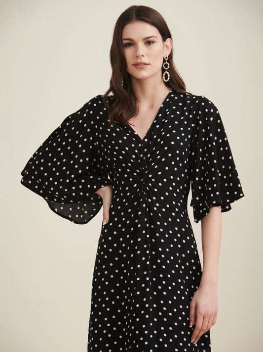 Black Polka Front Knotted Midi Dress