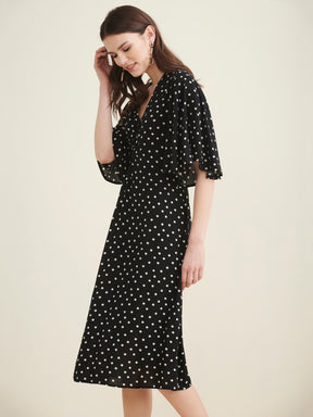 Black Polka Front Knotted Midi Dress