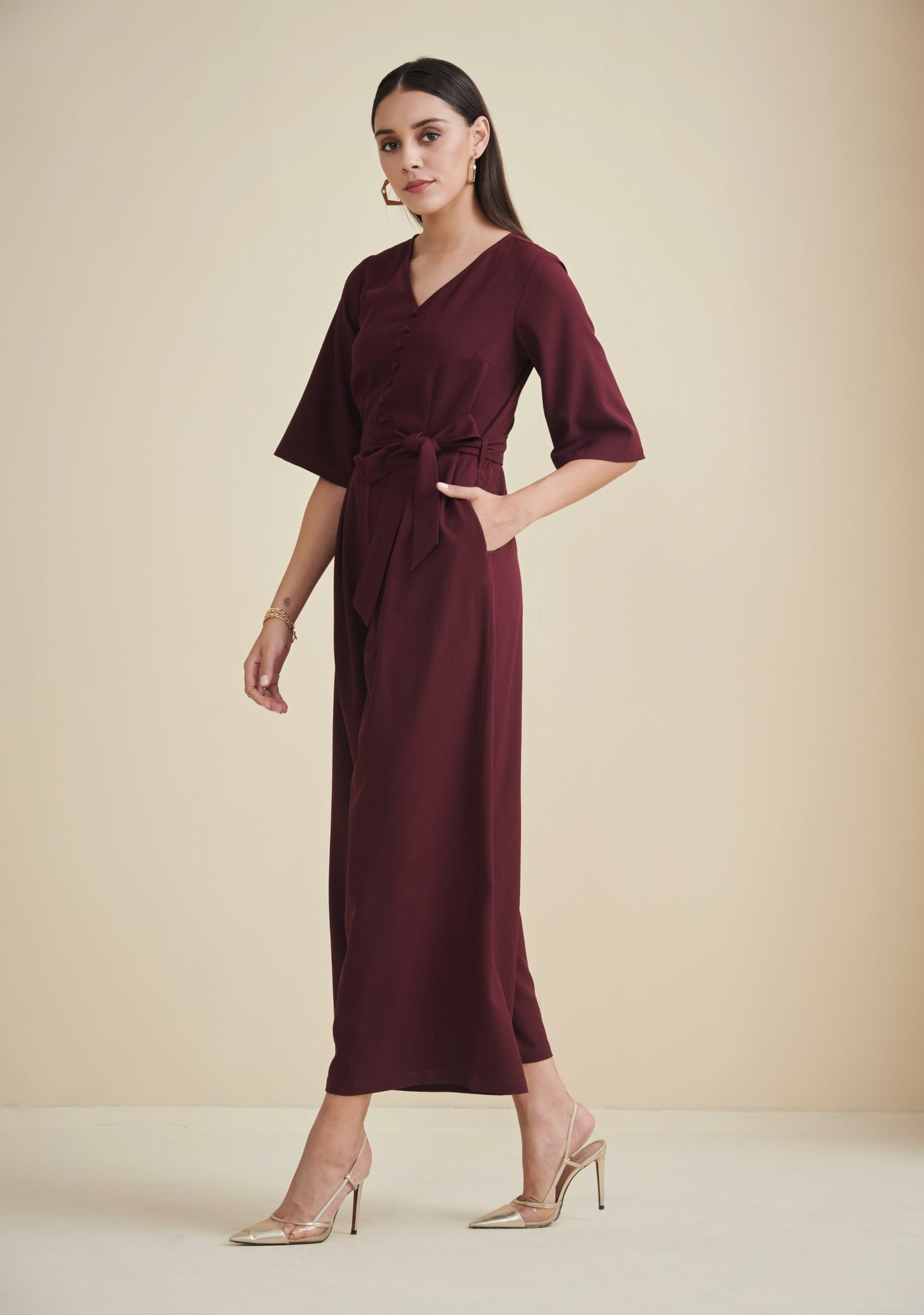Wine Button Down Flared Jumpsuit
