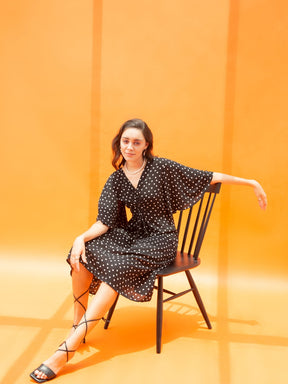 Black Polka Front Knotted Midi Dress