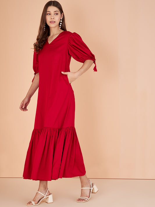 Red Cotton V- Neck Maxi Dress With Pockets