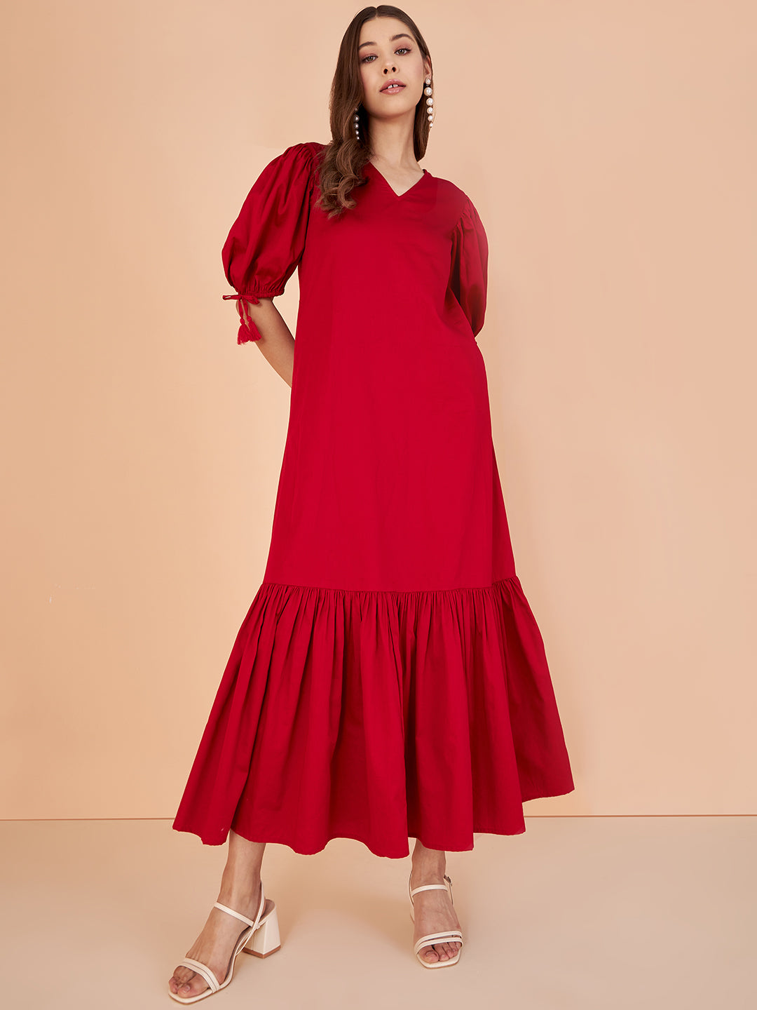 Red Cotton V- Neck Maxi Dress With Pockets