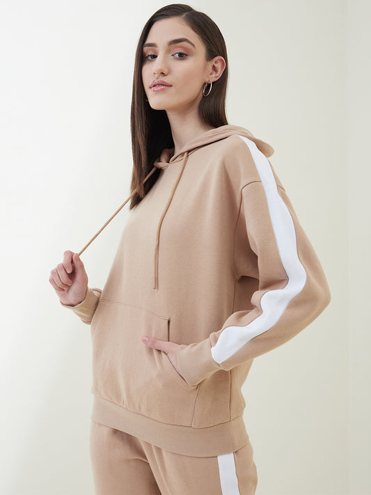 Beige Colorblock Fleece Hoodie