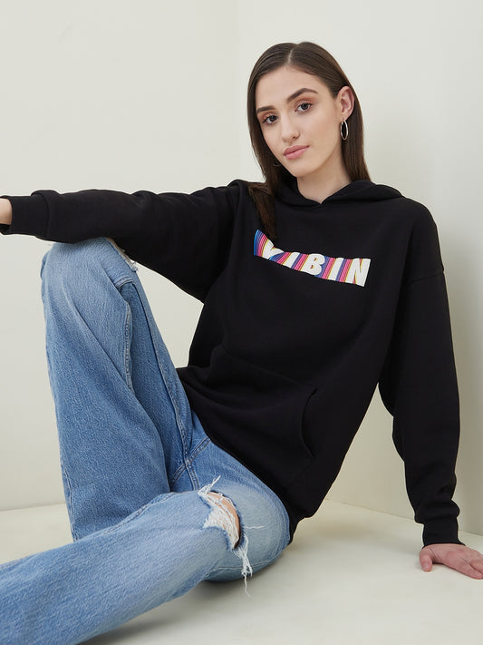 Black Relaxed Fleece Graphic Hoodie