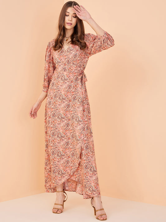 Peach Paisley Wrap Maxi Dress
