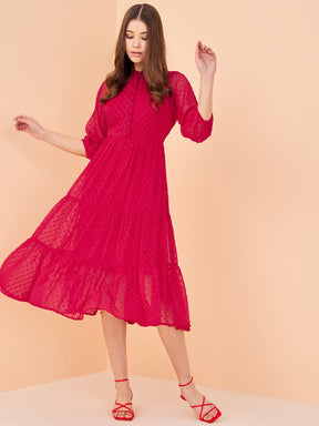 Red Dobby Tiered Midi Dress