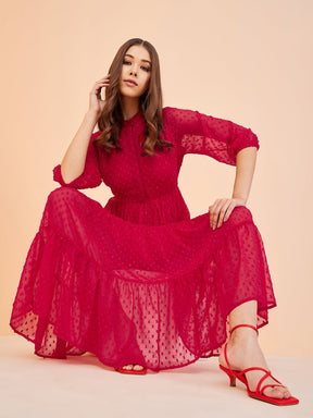 Red Dobby Tiered Midi Dress