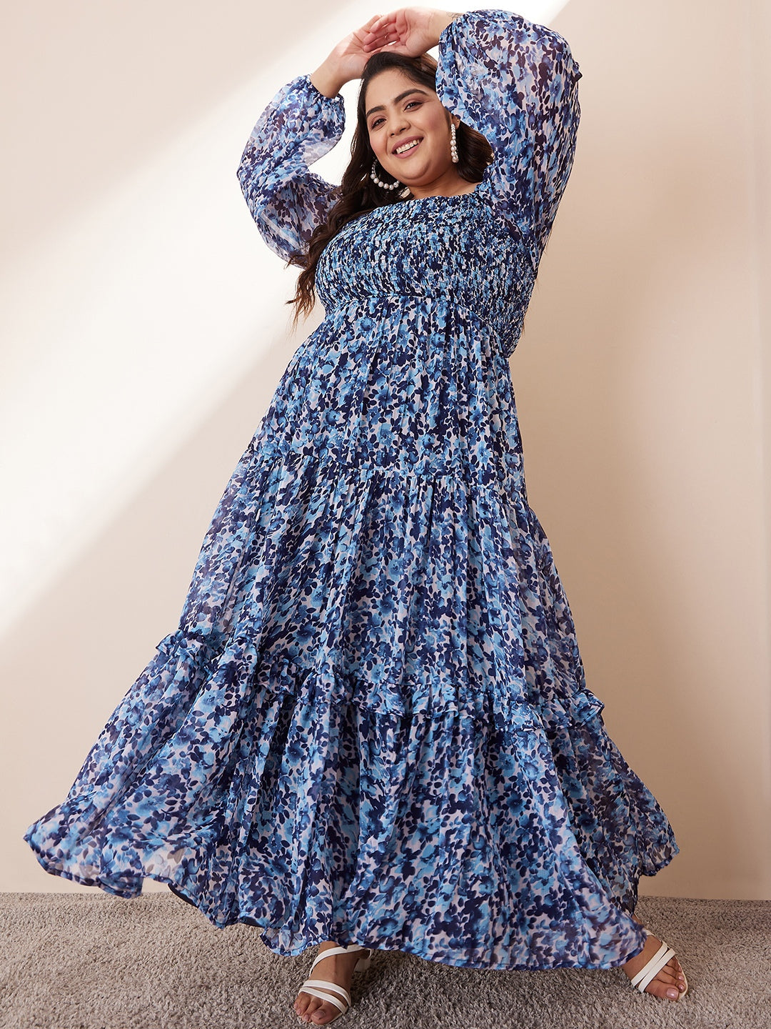Blue Floral Tiered Maxi Dress