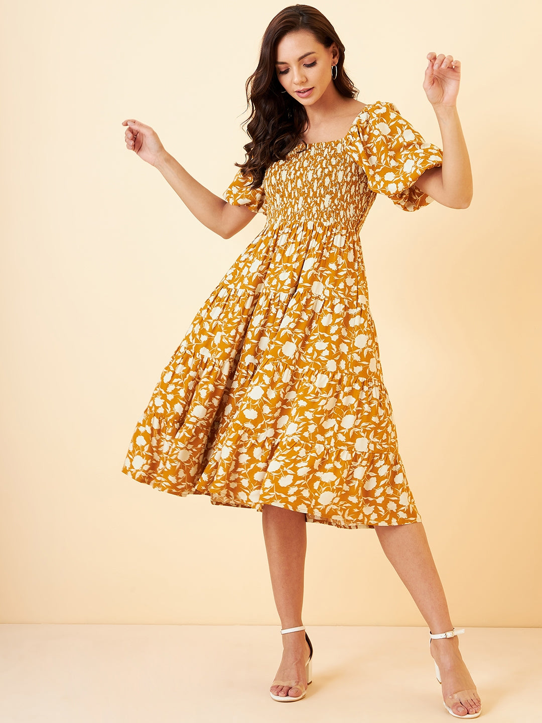 Yellow Floral Smocked Tiered Midi Dress