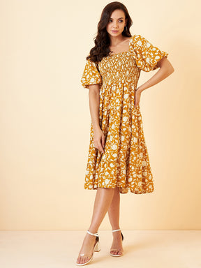 Yellow Floral Smocked Tiered Midi Dress