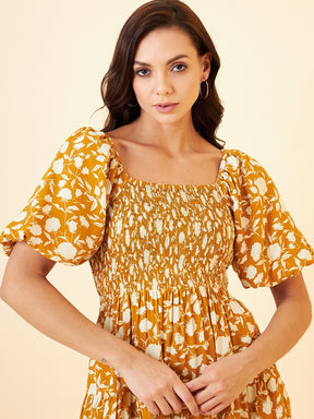 Yellow Floral Smocked Tiered Midi Dress