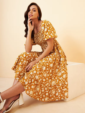 Yellow Floral Smocked Tiered Midi Dress