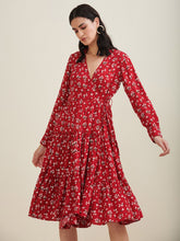 Red Floral Midi Wrap Dress