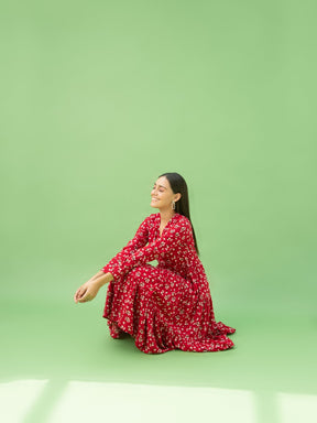 Red Floral Midi Wrap Dress