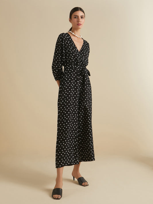 Black Polka Wrap Belted Jumpsuit