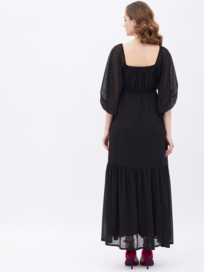 Black Dobby Ruched Tiered Maxi Dress