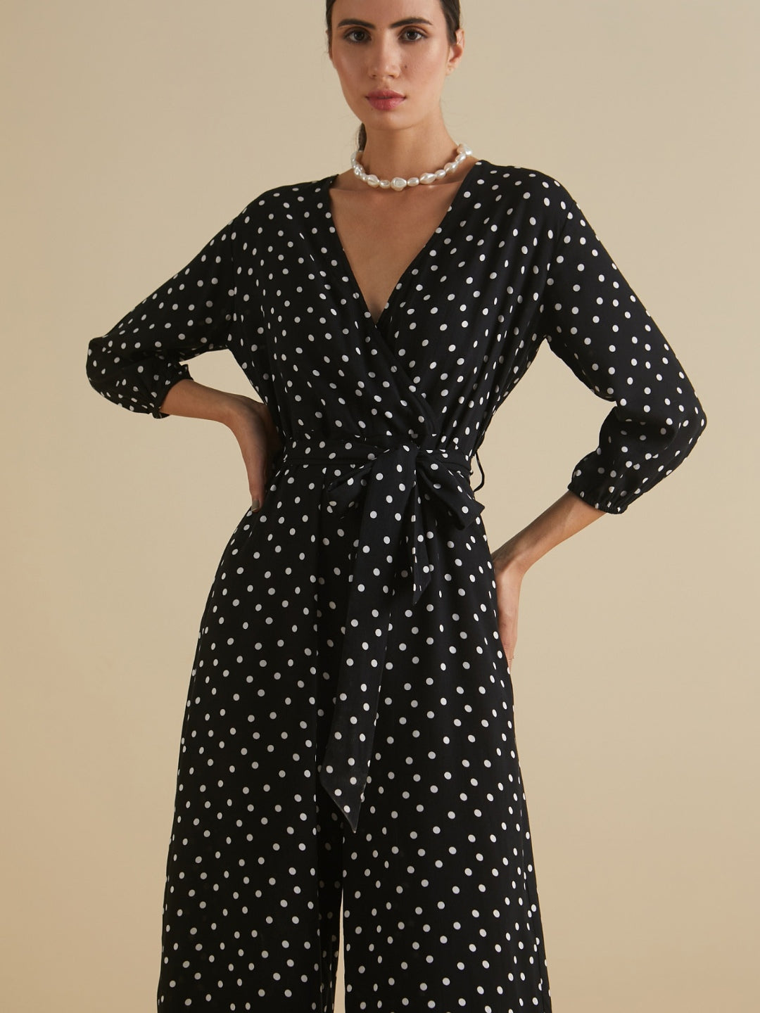 Black Polka Wrap Belted Jumpsuit