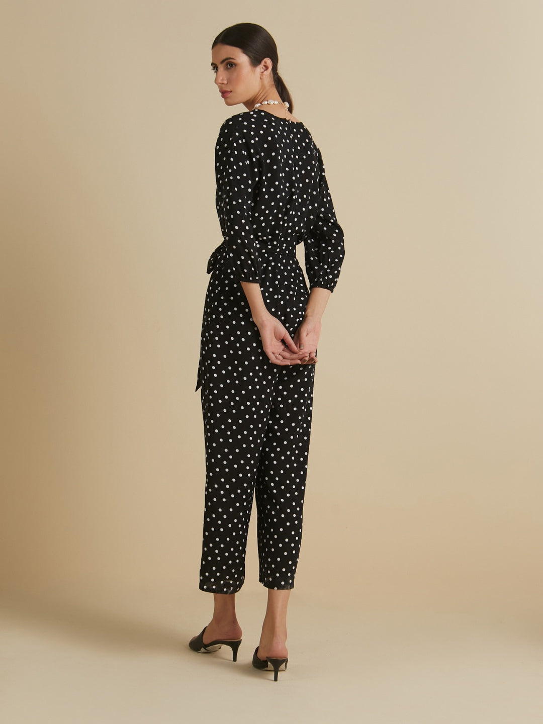 Black Polka Wrap Belted Jumpsuit