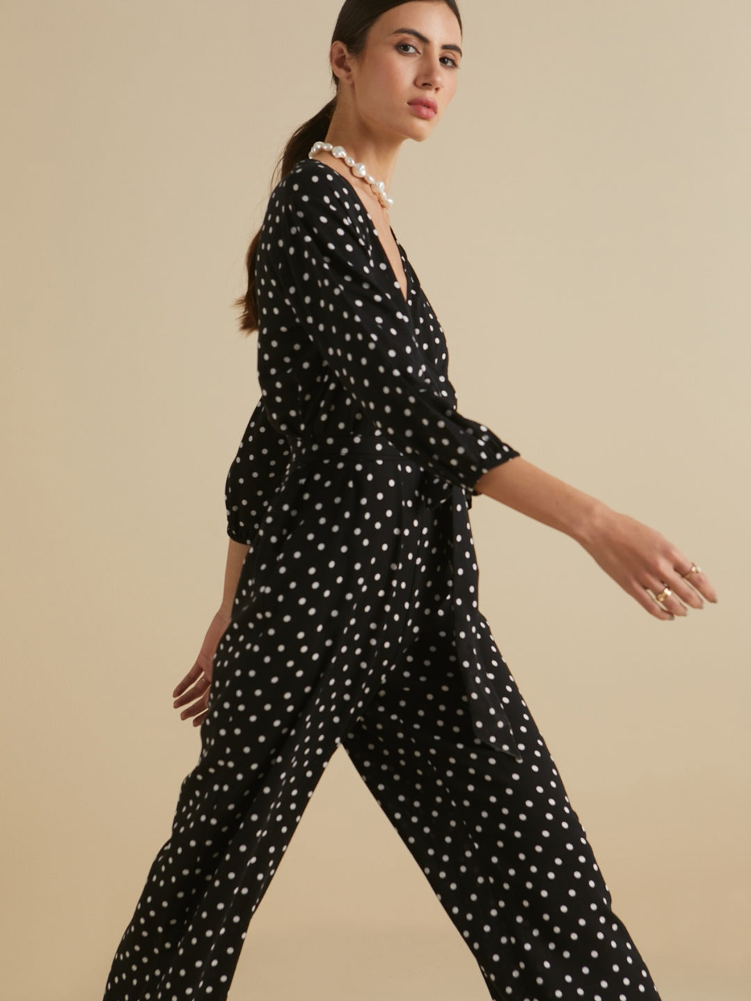 Black Polka Wrap Belted Jumpsuit