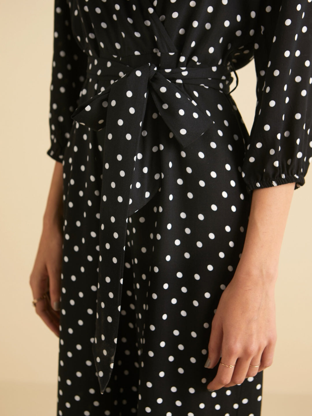 Black Polka Wrap Belted Jumpsuit
