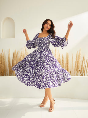 Purple Floral Smocked Tiered Midi Dress