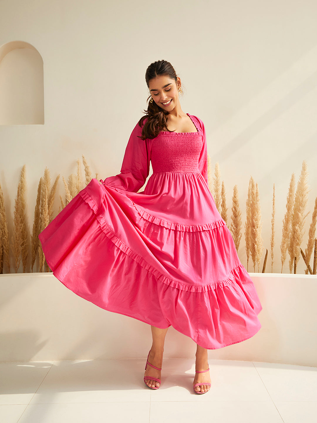 Pink Cotton Smocked Maxi Dress