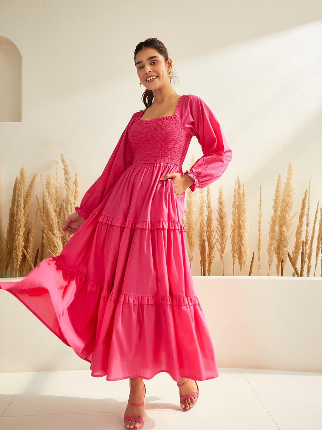 Pink Cotton Smocked Maxi Dress