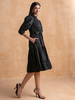 Black Button Down Tier Midi Dress