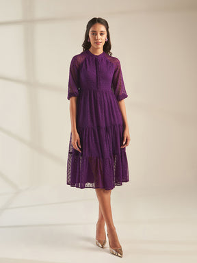 Deep Purple Dobby Tiered Midi Dress
