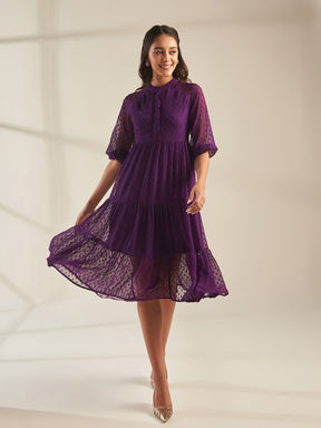 Deep Purple Dobby Tiered Midi Dress