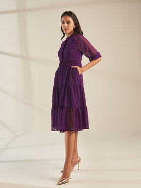 Deep Purple Dobby Tiered Midi Dress