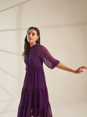 Deep Purple Dobby Tiered Midi Dress