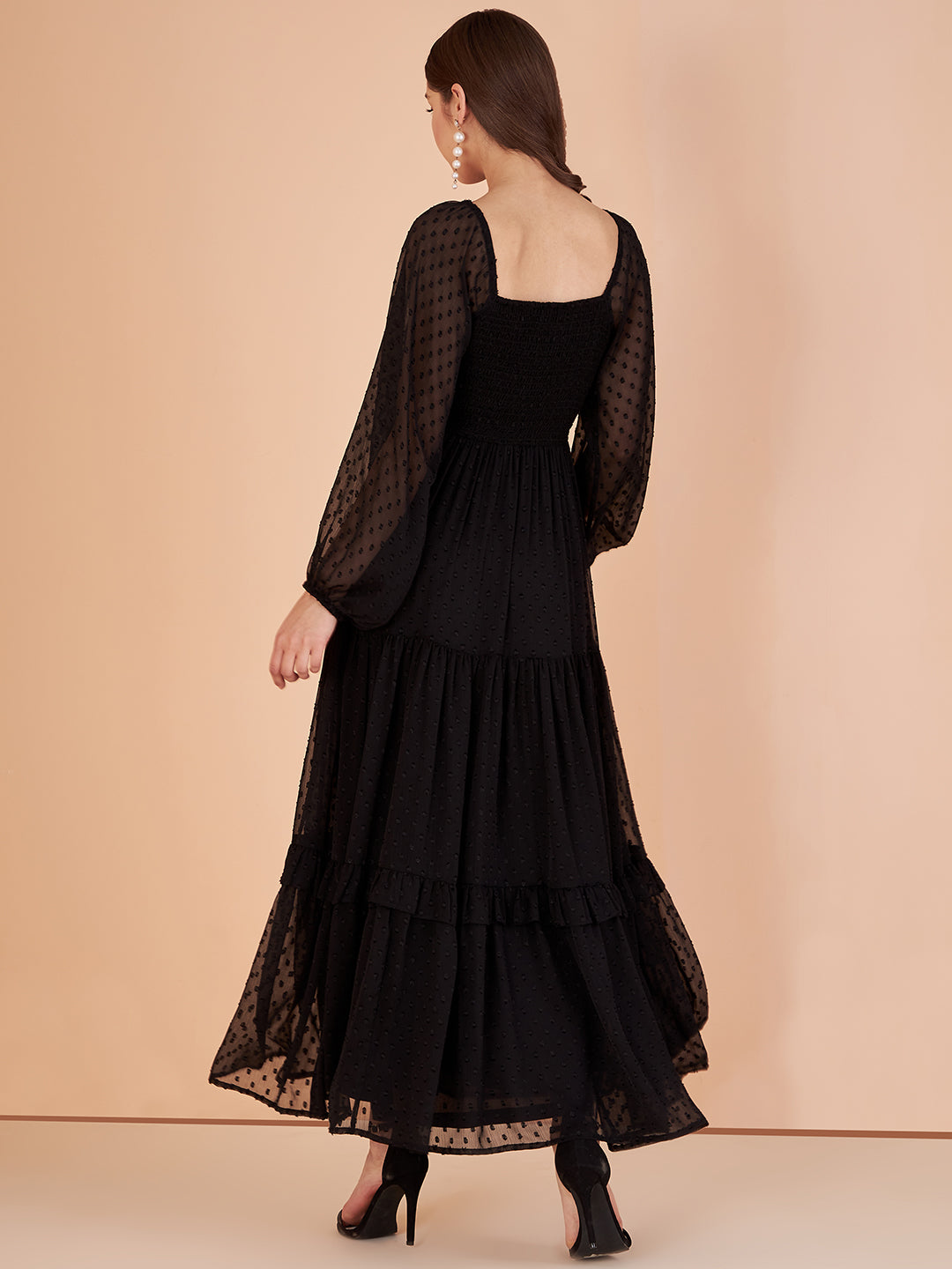 Black Dobby Chiffon Smocked Tiered Maxi Dress
