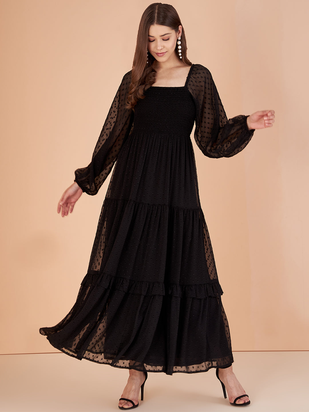 Black Dobby Chiffon Smocked Tiered Maxi Dress