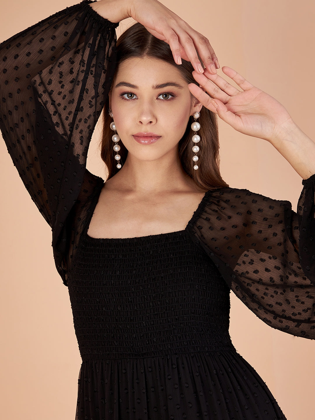 Black Dobby Chiffon Smocked Tiered Maxi Dress