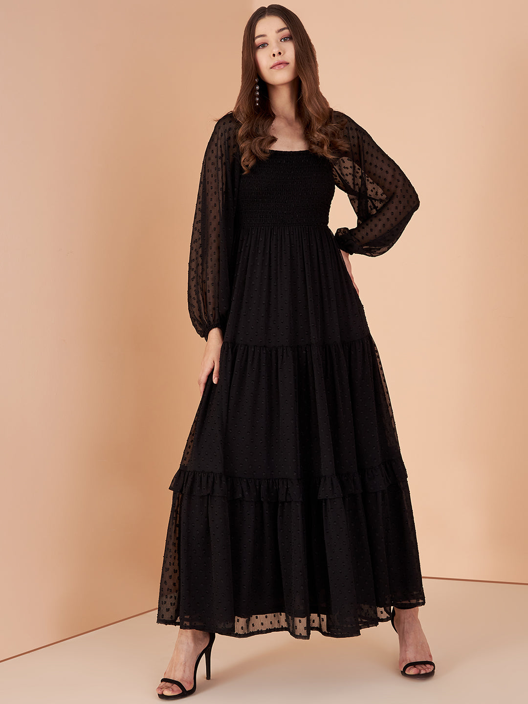 Black Dobby Chiffon Smocked Tiered Maxi Dress