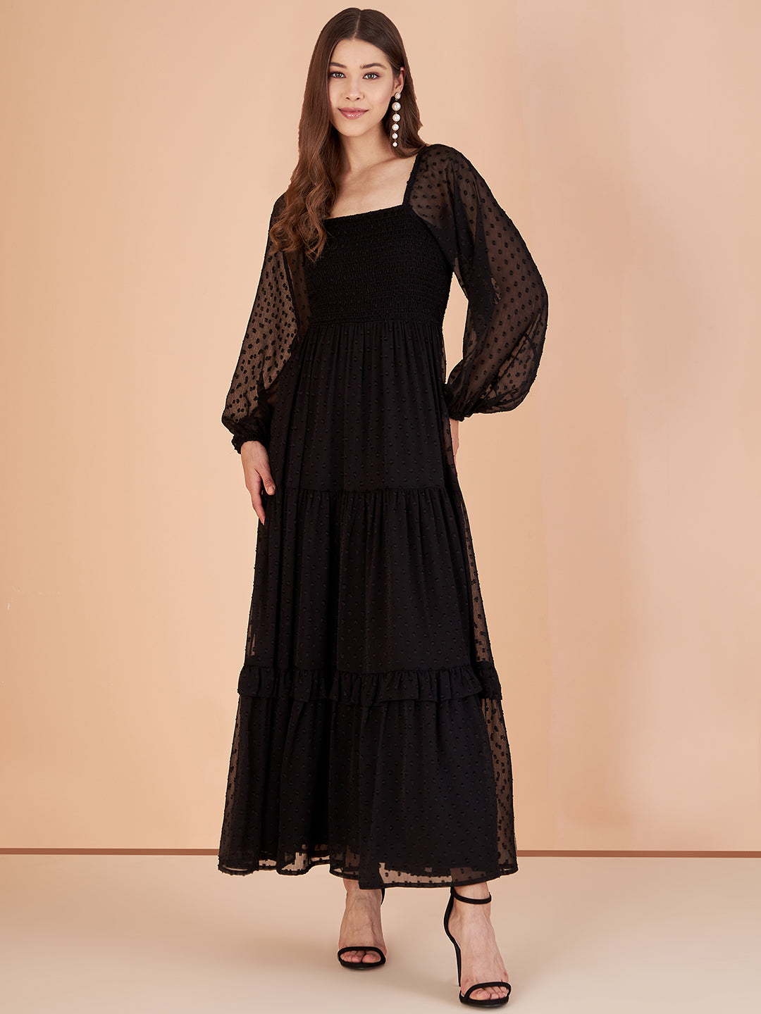 Black Dobby Chiffon Smocked Tiered Maxi Dress