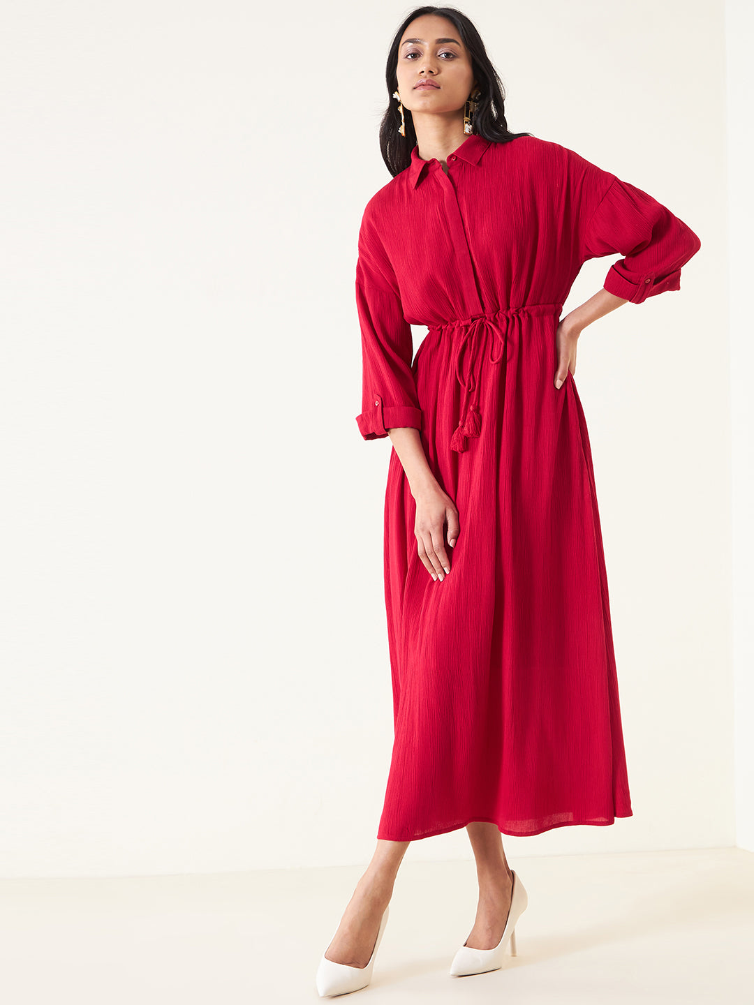 Red Crinkled Shirt Maxi Dress