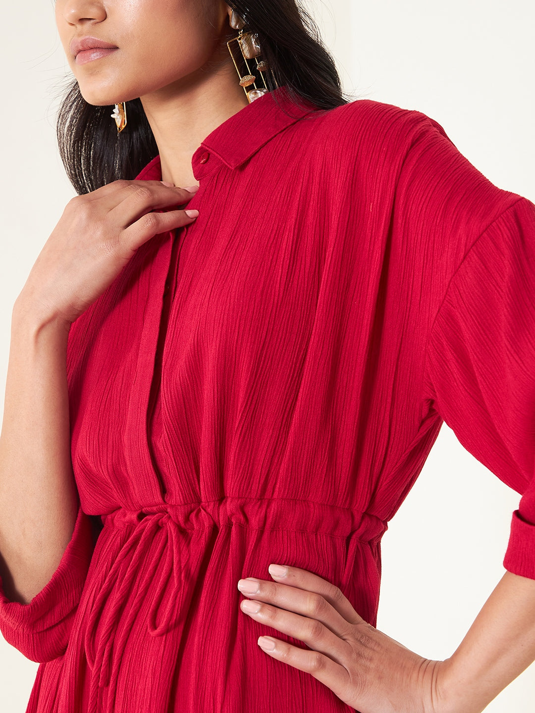 Red Crinkled Shirt Maxi Dress