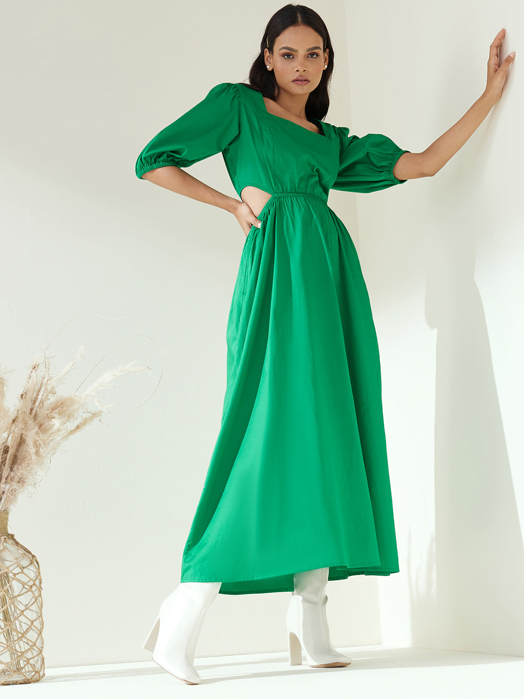 Green Cotton Cut Out Maxi Dress