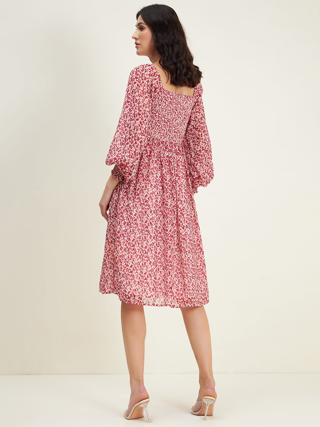 Red Floral Printed Smocked Midi Dress