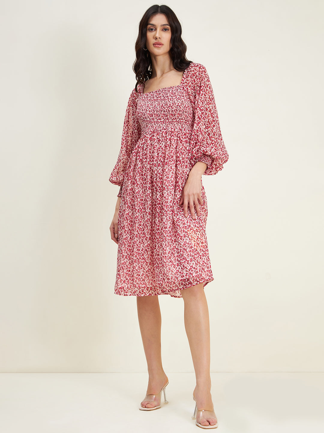 Red Floral Printed Smocked Midi Dress