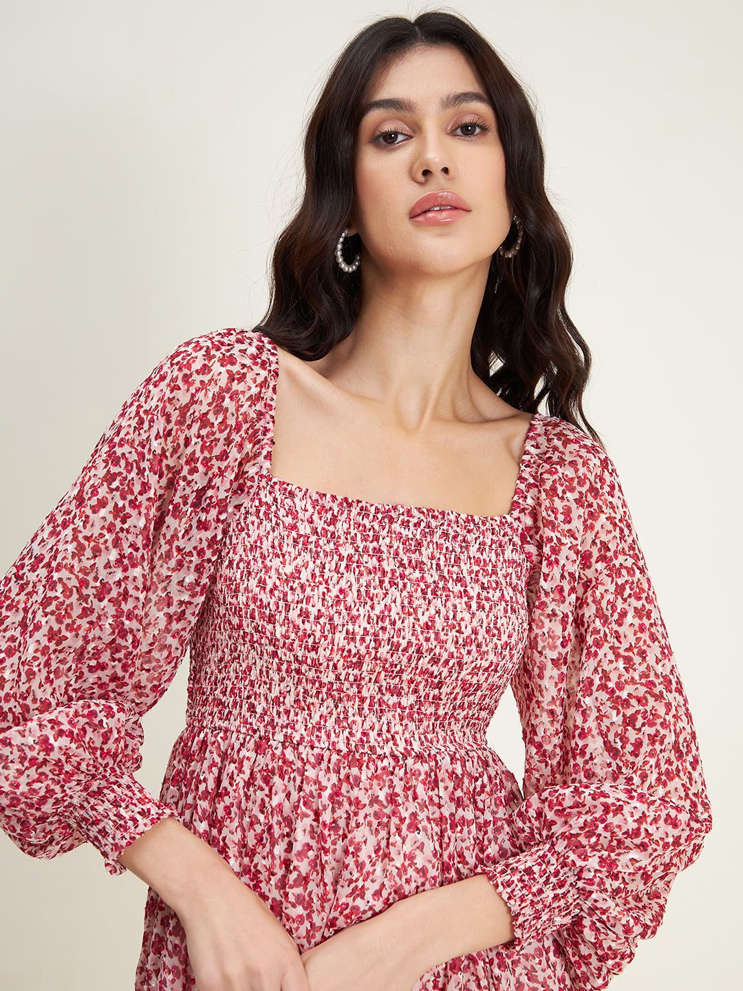 Red Floral Printed Smocked Midi Dress