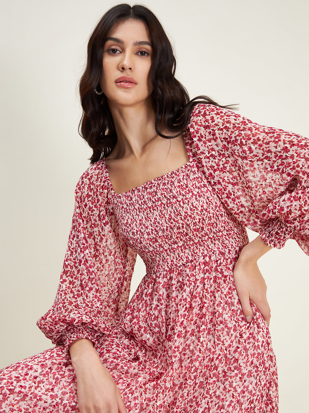 Red Floral Printed Smocked Midi Dress