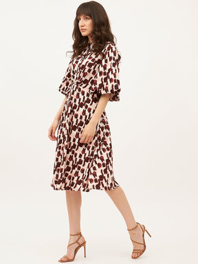 Brown Stoke Printed Draped Midi Dress